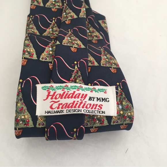 Hallmark Christmas Tree Tie Mens 100% Silk Yule Tide Holiday Dress Suit Navy - Picture 6 of 6